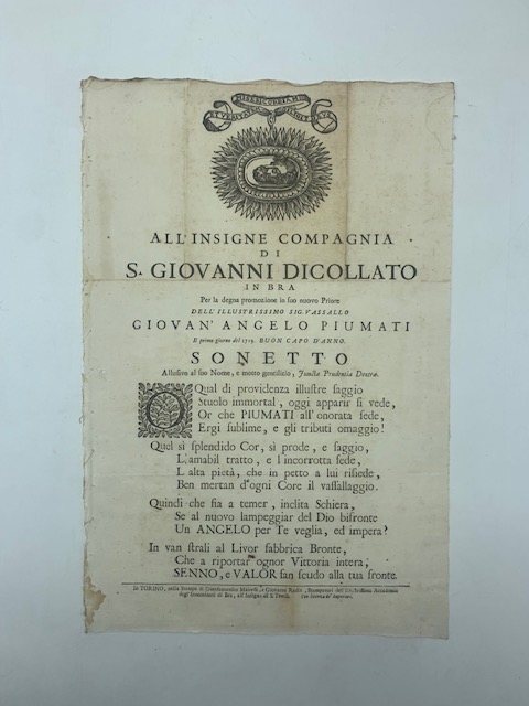All'insigne Compagnia di S. Giovanni dicollato in Bra per la degna promozione in suo nuovo Priore...Giovan'Angelo Piumati...Sonetto allusivo al suo nome